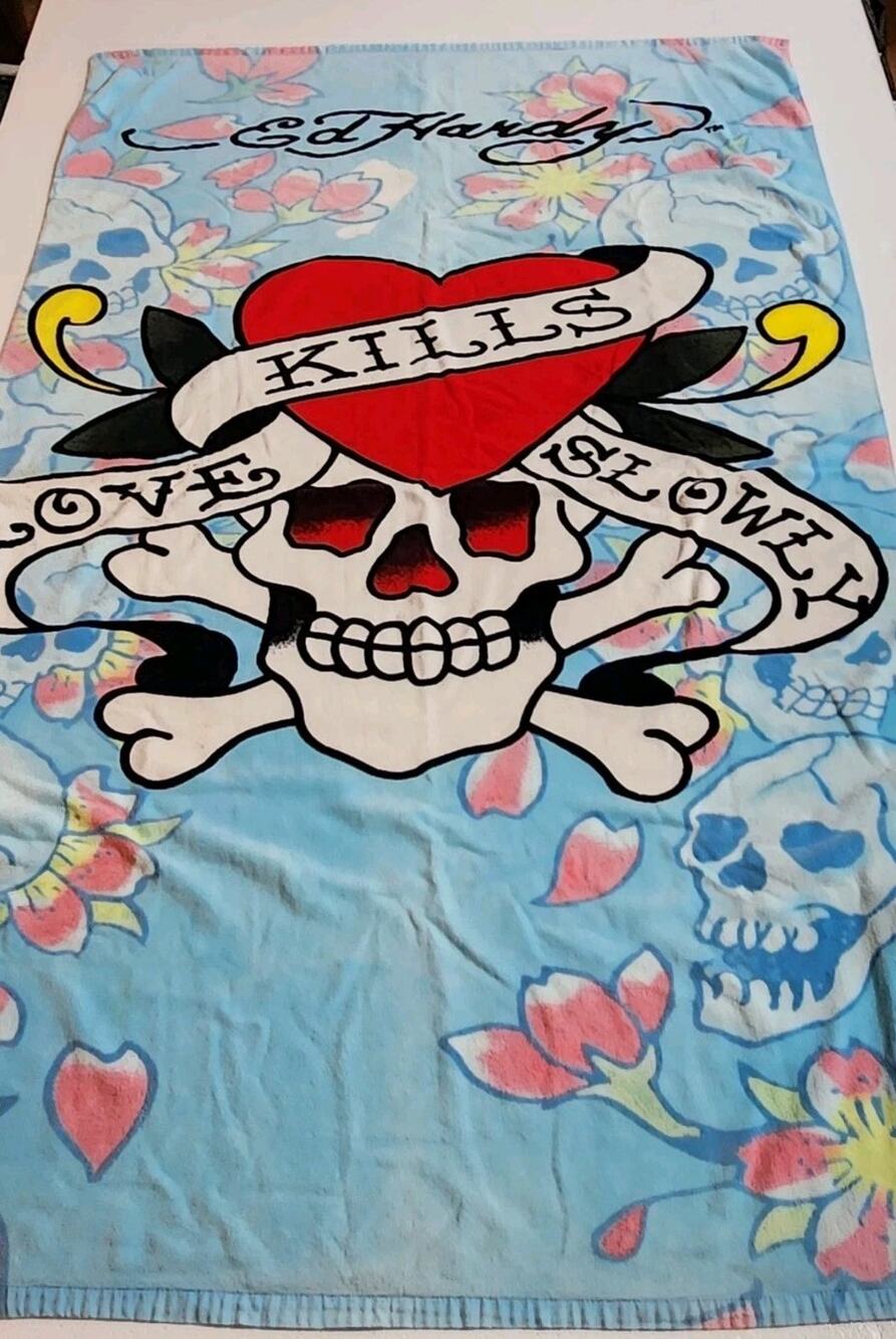 Y2K ED Hardy HUGE Beach Towel Love Kills Slowly Skull Tattoo Vacation Poolside